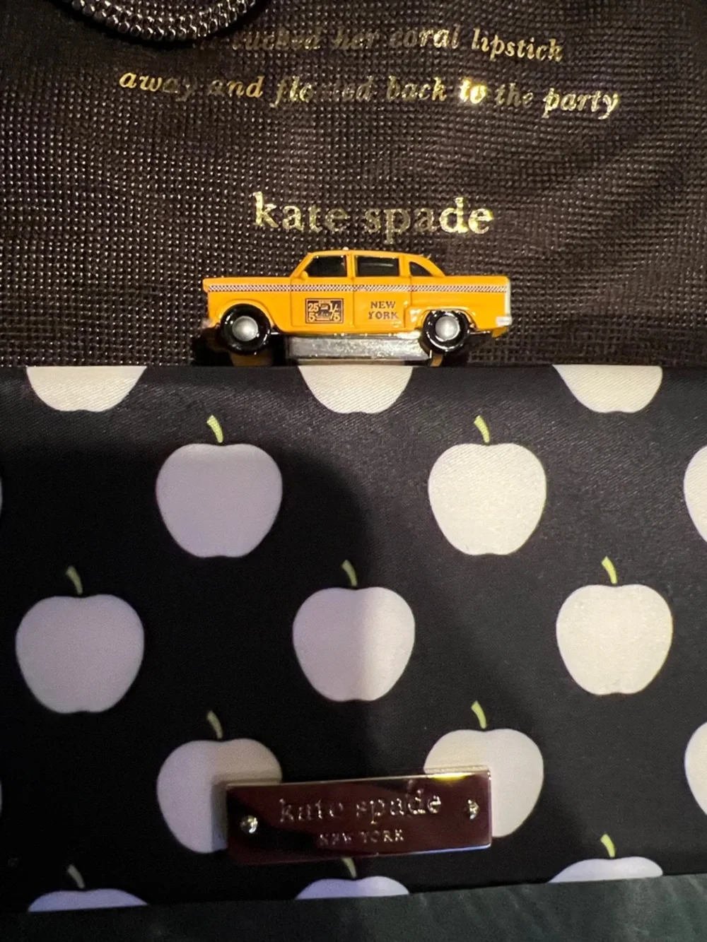 kate spade Black and White Apple Print Clutch with Yellow Taxi Clasp - Picture 3 of 8